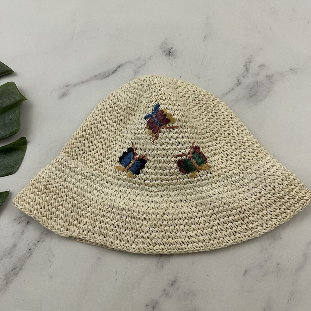 Scala Girl Womens Vintage Y2k Woven Bucket Hat Cream Butterflies Summer Light